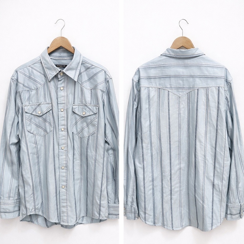 Wrangler Mens XL Western Pearl Snap Shirt Blue Stripe Long Sleeve‎ Cowboy Yoke